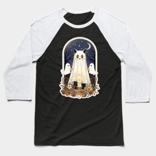 Ghost Cat with Candle and Fall Herbs Under Moonlight Funny Baseball T-Shirt