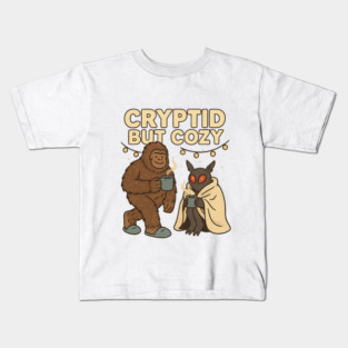 Cryptid But Cozy – Cute Bigfoot and Mothman Drinking Coffee Kids T-Shirt
