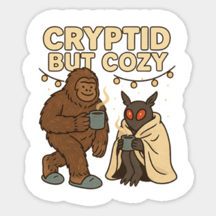 Cryptid But Cozy – Cute Bigfoot and Mothman Drinking Coffee Sticker