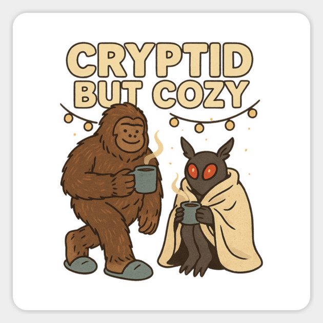 Cryptid But Cozy – Cute Bigfoot and Mothman Drinking Coffee Magnet by Anne Lee