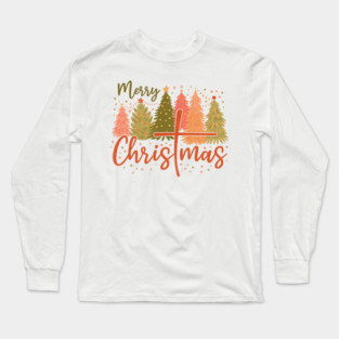 Merry Christmas Cross and Christmas Trees Christian Faith Based Holiday Design with Festive Pastel Style Long Sleeve T-Shirt