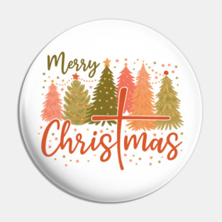 Merry Christmas Cross and Christmas Trees Christian Faith Based Holiday Design with Festive Pastel Style Pin