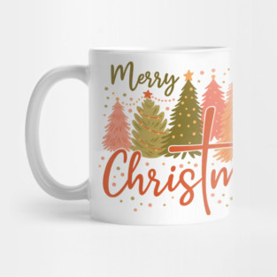 Merry Christmas Cross and Christmas Trees Christian Faith Based Holiday Design with Festive Pastel Style Mug