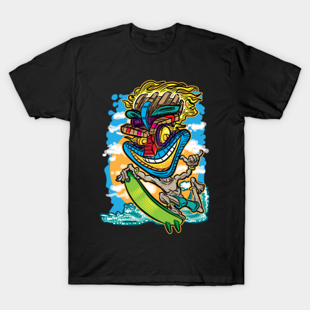 Crazy Tiki Surfer – Wild Island Vibes on the Waves T-Shirt by eShirtLabs