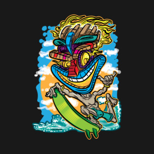 Crazy Tiki Surfer – Wild Island Vibes on the Waves T-Shirt