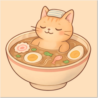 Ramen Bath Cat Onsen Kawaii Cute Japanese Food Posters and Art