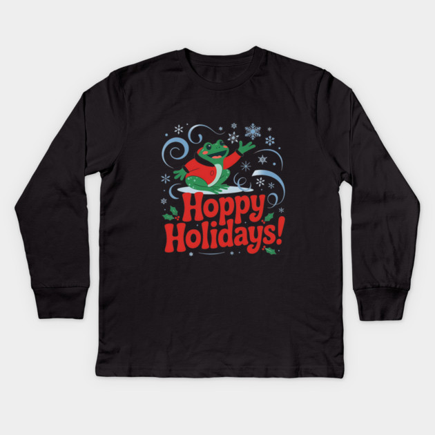 Hoppy Holidays Frog Christmas Amphibian Design Kids Long Sleeve T-Shirt by BirdsnStuff