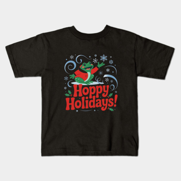 Hoppy Holidays Frog Christmas Amphibian Design Kids T-Shirt by BirdsnStuff