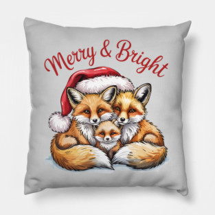 Fox Family Merry and Bright Christmas Holiday Design Pillow
