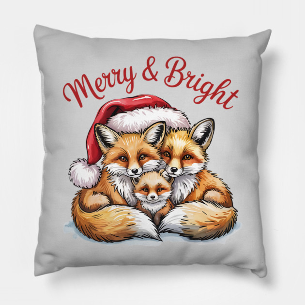 Fox Family Merry and Bright Christmas Holiday Design Pillow by BirdsnStuff