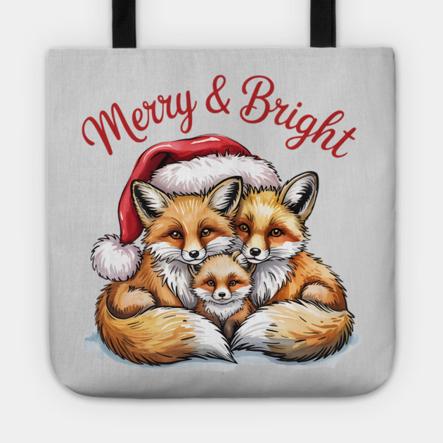 Fox Family Merry and Bright Christmas Holiday Design Tote by BirdsnStuff