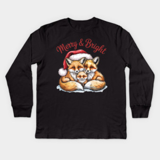 Fox Family Merry and Bright Christmas Holiday Design Kids Long Sleeve T-Shirt