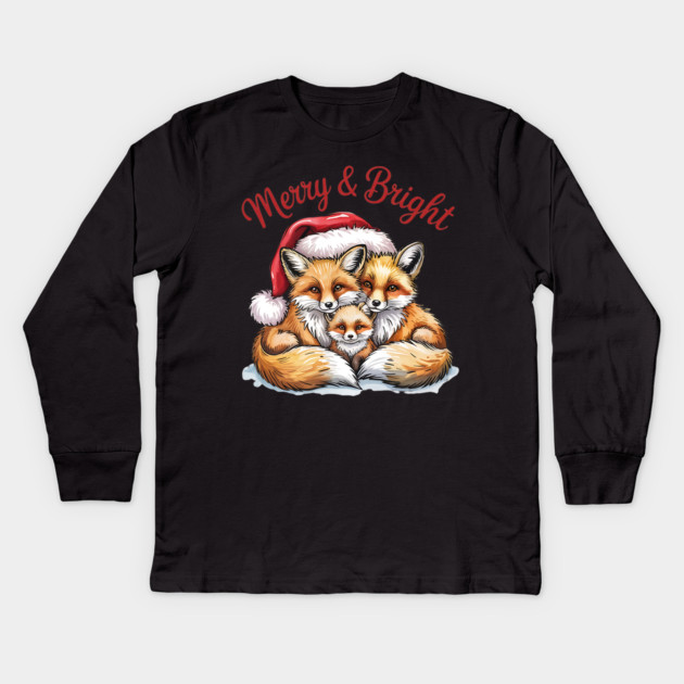 Fox Family Merry and Bright Christmas Holiday Design Kids Long Sleeve T-Shirt by BirdsnStuff