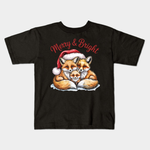 Fox Family Merry and Bright Christmas Holiday Design Kids T-Shirt by BirdsnStuff