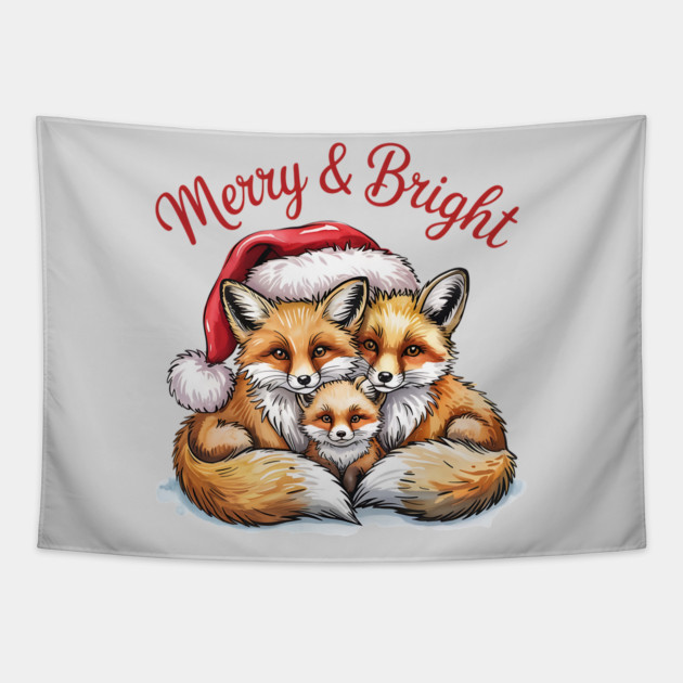 Fox Family Merry and Bright Christmas Holiday Design Tapestry by BirdsnStuff