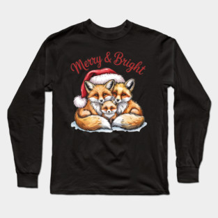 Fox Family Merry and Bright Christmas Holiday Design Long Sleeve T-Shirt
