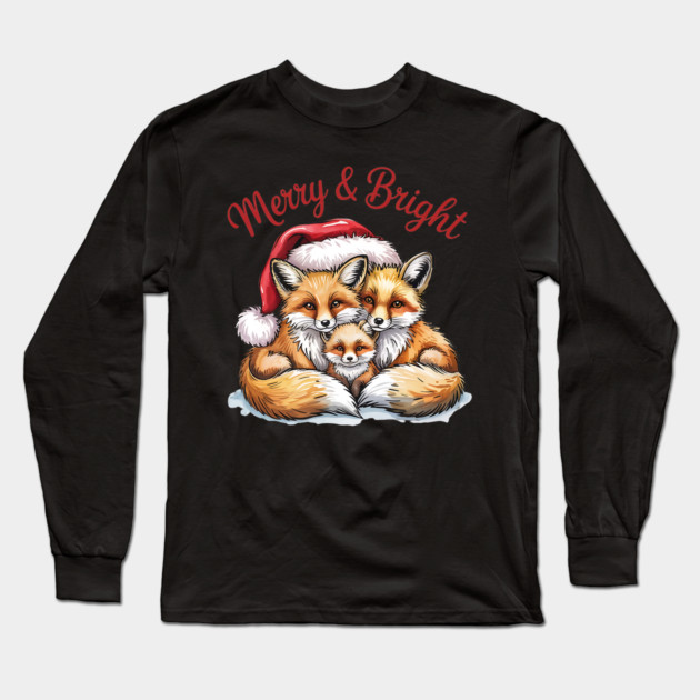 Fox Family Merry and Bright Christmas Holiday Design Long Sleeve T-Shirt by BirdsnStuff