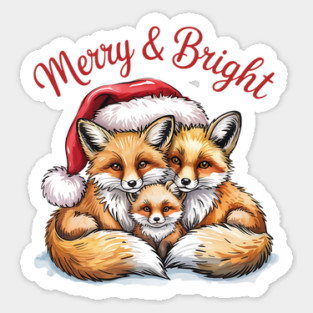 Fox Family Merry and Bright Christmas Holiday Design Sticker