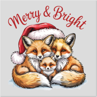 Fox Family Merry and Bright Christmas Holiday Design Posters and Art