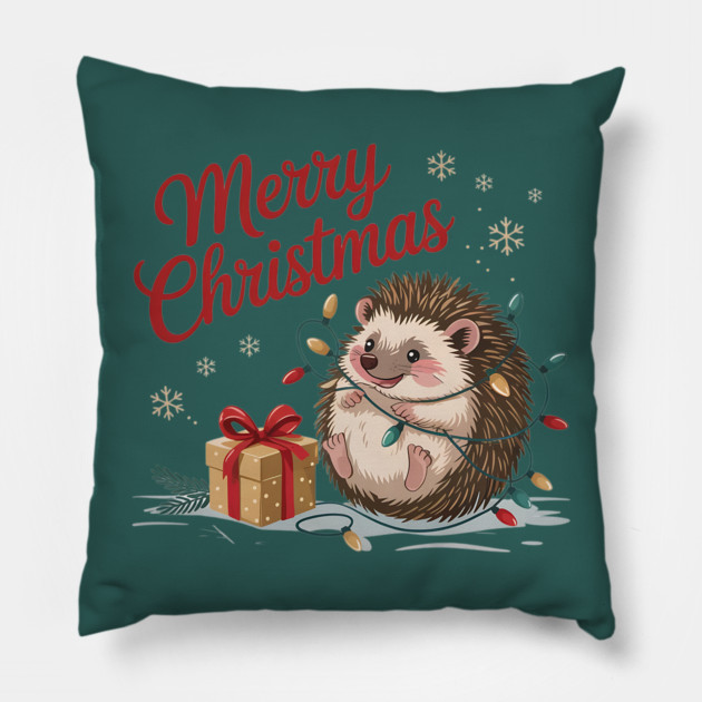 Merry Christmas Hedgehog Wildlife Art Design Pillow by BirdsnStuff