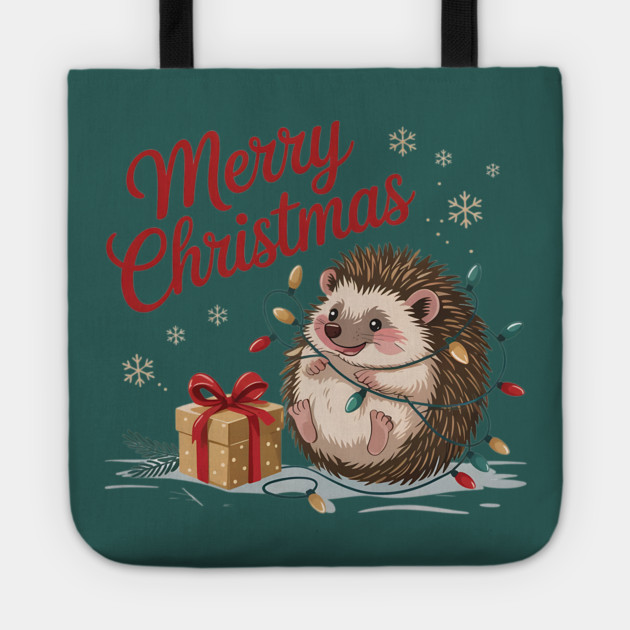 Merry Christmas Hedgehog Wildlife Art Design Tote by BirdsnStuff
