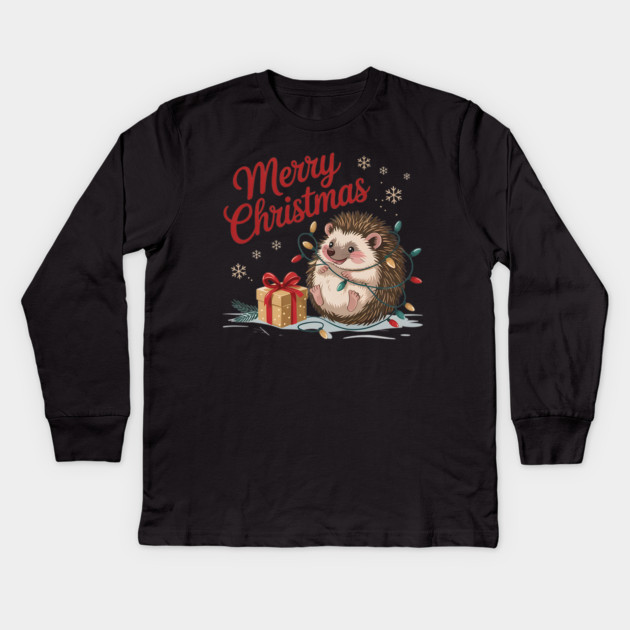 Merry Christmas Hedgehog Wildlife Art Design Kids Long Sleeve T-Shirt by BirdsnStuff