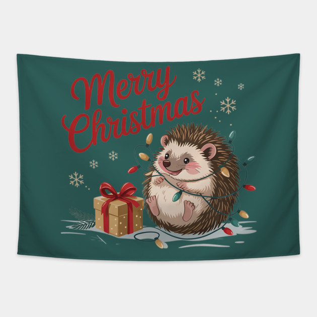 Merry Christmas Hedgehog Wildlife Art Design Tapestry by BirdsnStuff