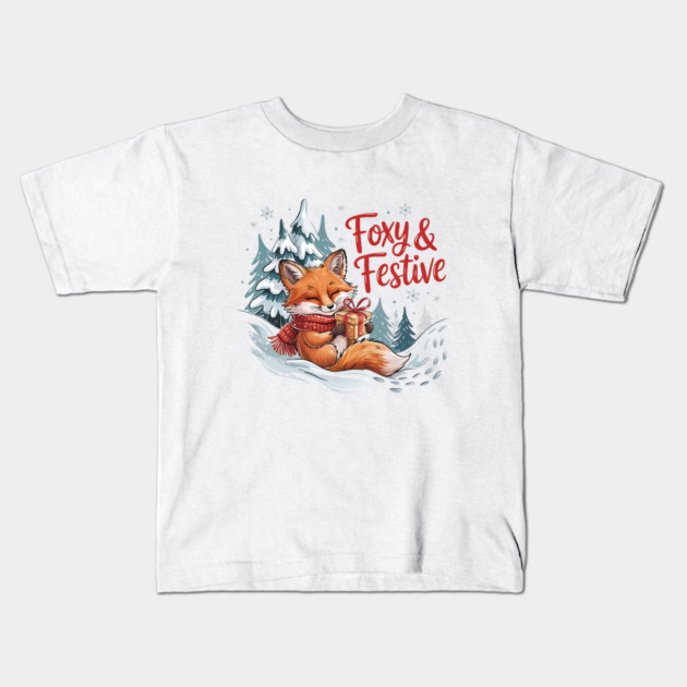 Foxy and Festive Christmas Fox Holiday Design Kids T-Shirt by BirdsnStuff