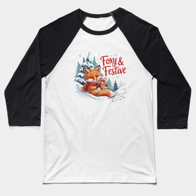 Foxy and Festive Christmas Fox Holiday Design Baseball T-Shirt by BirdsnStuff