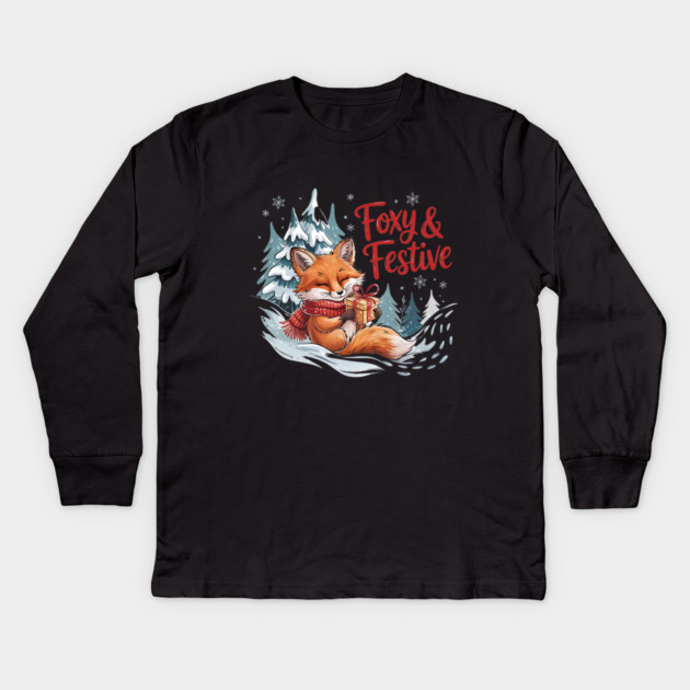 Foxy and Festive Christmas Fox Holiday Design Kids Long Sleeve T-Shirt by BirdsnStuff