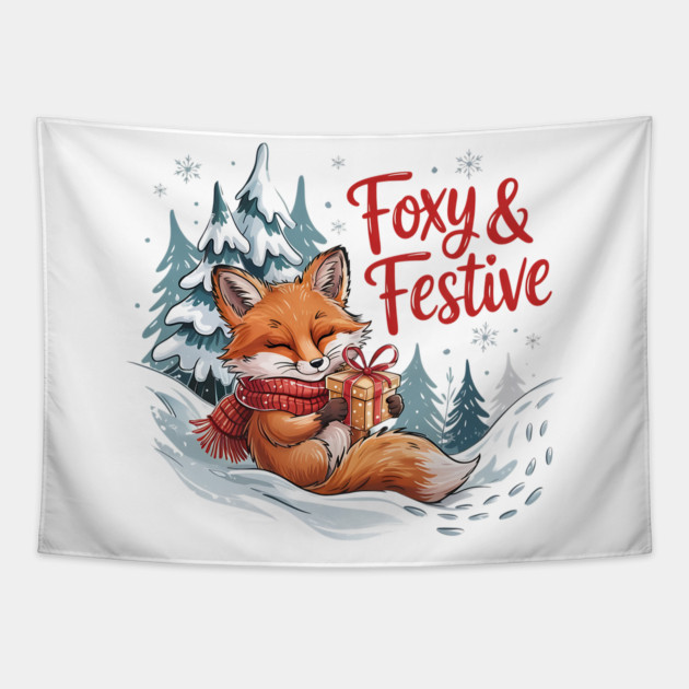 Foxy and Festive Christmas Fox Holiday Design Tapestry by BirdsnStuff