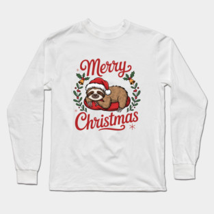 Merry Christmas Sleeping Sloth Holiday Design Long Sleeve T-Shirt