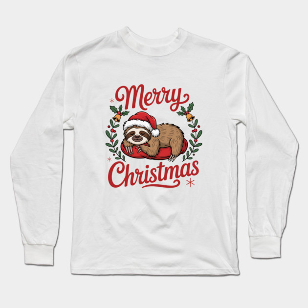 Merry Christmas Sleeping Sloth Holiday Design Long Sleeve T-Shirt by BirdsnStuff