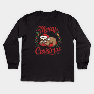 Merry Christmas Sleeping Sloth Holiday Design Kids Long Sleeve T-Shirt
