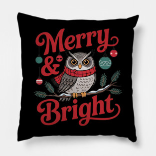 Merry and Bright Owl Christmas Wildlife Design Pillow