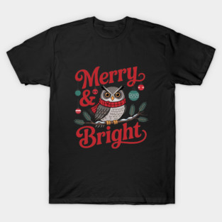 Merry and Bright Owl Christmas Wildlife Design T-Shirt