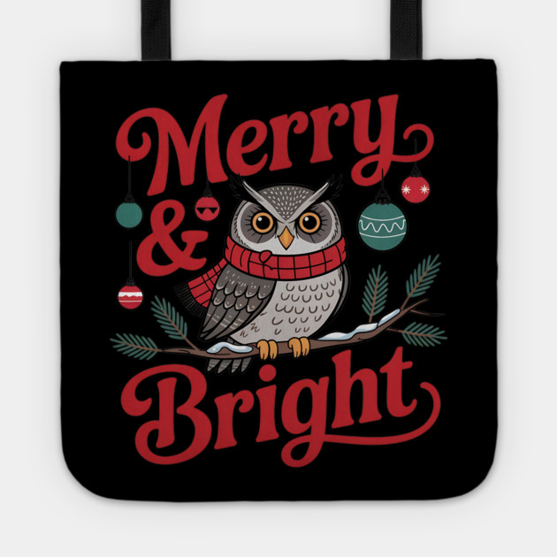 Merry and Bright Owl Christmas Wildlife Design Tote by BirdsnStuff