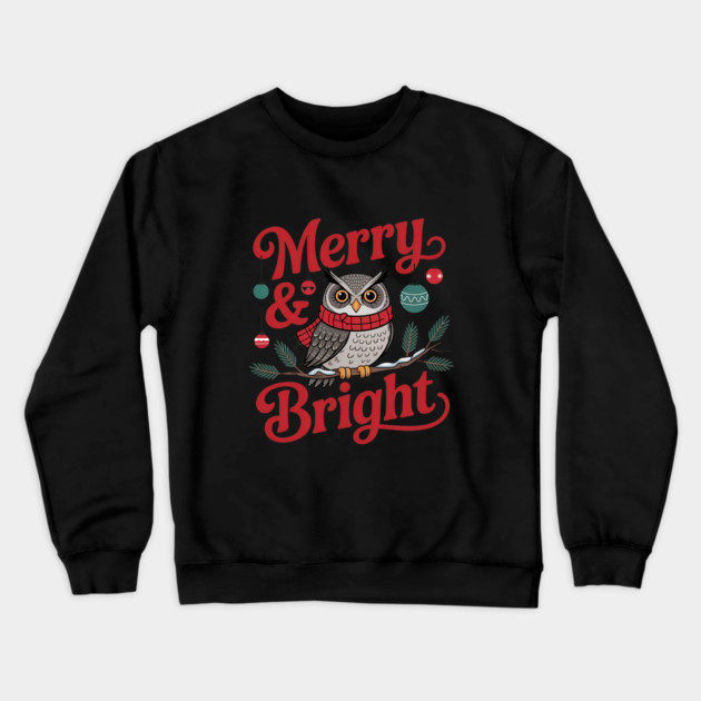 Merry and Bright Owl Christmas Wildlife Design Crewneck Sweatshirt by BirdsnStuff