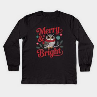 Merry and Bright Owl Christmas Wildlife Design Kids Long Sleeve T-Shirt