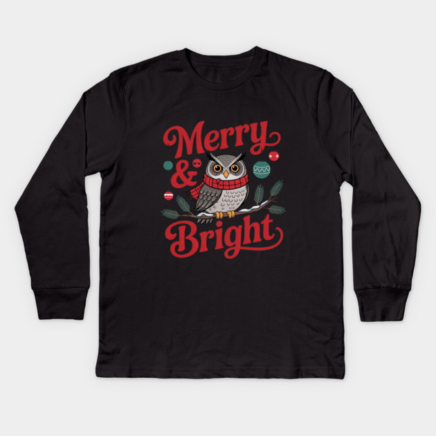 Merry and Bright Owl Christmas Wildlife Design Kids Long Sleeve T-Shirt by BirdsnStuff
