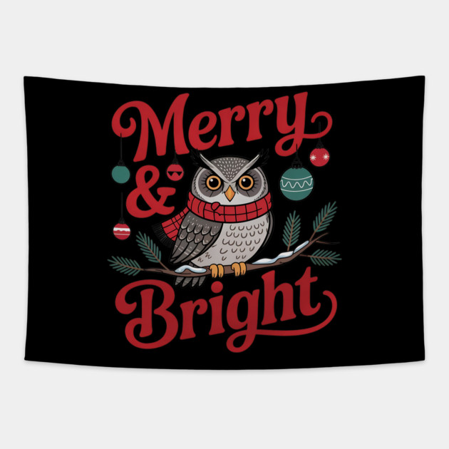 Merry and Bright Owl Christmas Wildlife Design Tapestry by BirdsnStuff