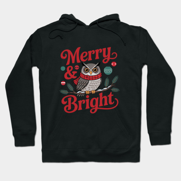Merry and Bright Owl Christmas Wildlife Design Hoodie by BirdsnStuff