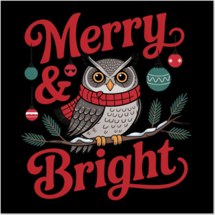 Merry and Bright Owl Christmas Wildlife Design Posters and Art