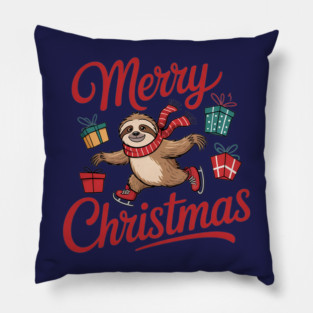 Merry Christmas Ice Skating Sloth with Scarf and Presents Pillow
