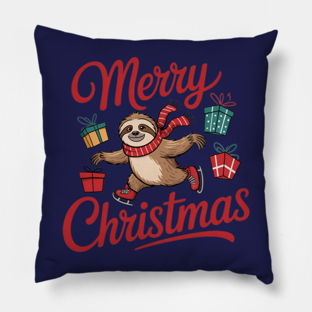 Merry Christmas Ice Skating Sloth with Scarf and Presents Pillow by BirdsnStuff