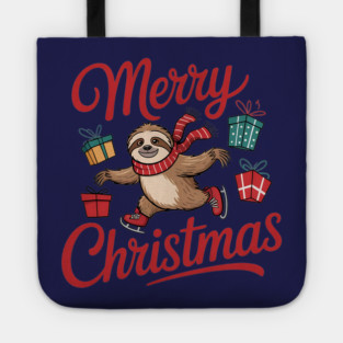 Merry Christmas Ice Skating Sloth with Scarf and Presents Tote