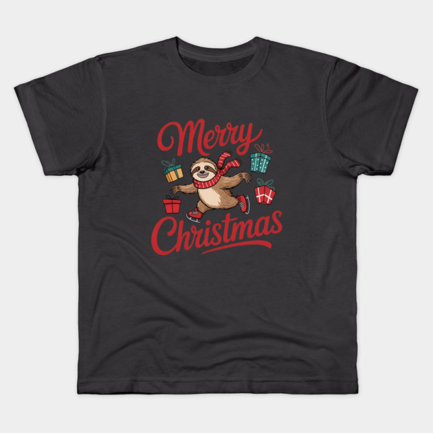 Merry Christmas Ice Skating Sloth with Scarf and Presents Kids T-Shirt by BirdsnStuff