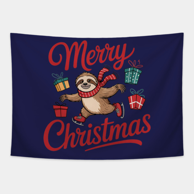 Merry Christmas Ice Skating Sloth with Scarf and Presents Tapestry by BirdsnStuff