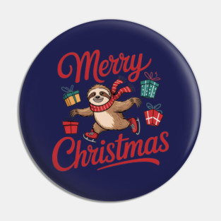 Merry Christmas Ice Skating Sloth with Scarf and Presents Pin