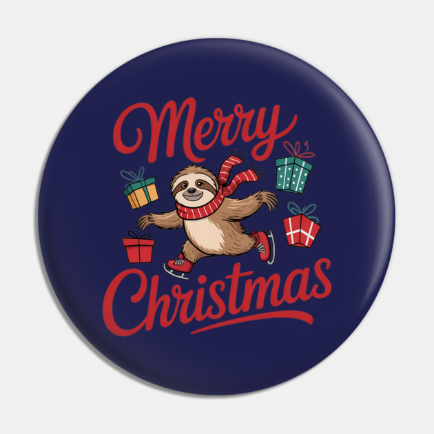 Merry Christmas Ice Skating Sloth with Scarf and Presents Pin by BirdsnStuff